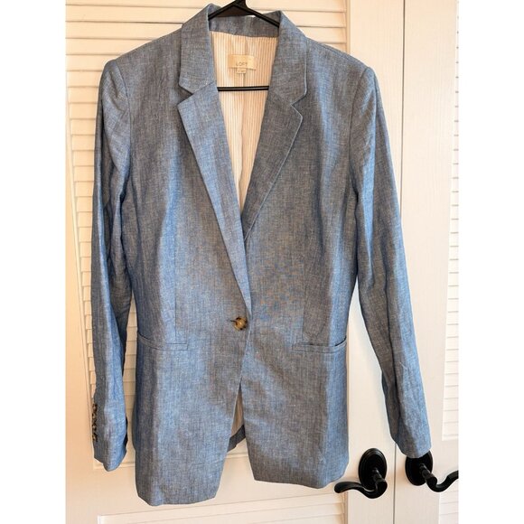 LOFT Linen Cotton One Button Chambray Blazer Women’s Size 10 Blue Work Jacket - Picture 2 of 9